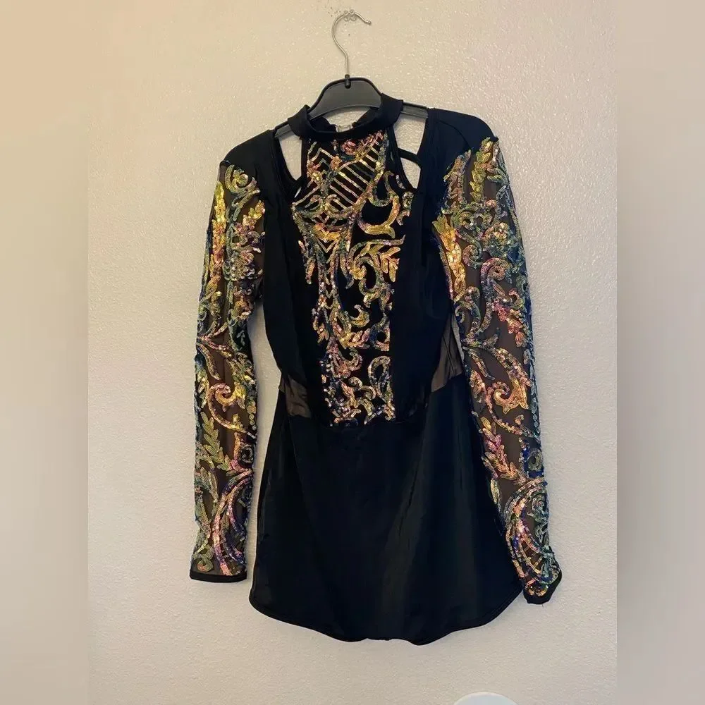 Curtain Call Dance Costume flying solo black sequin leotard J5513 ALA large adul